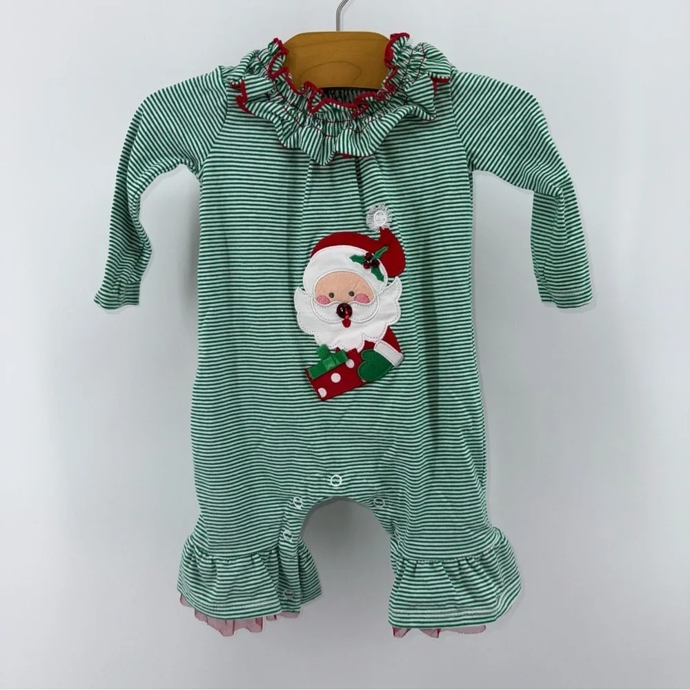 Bonnie Baby Green Striped Santa Baby Romper